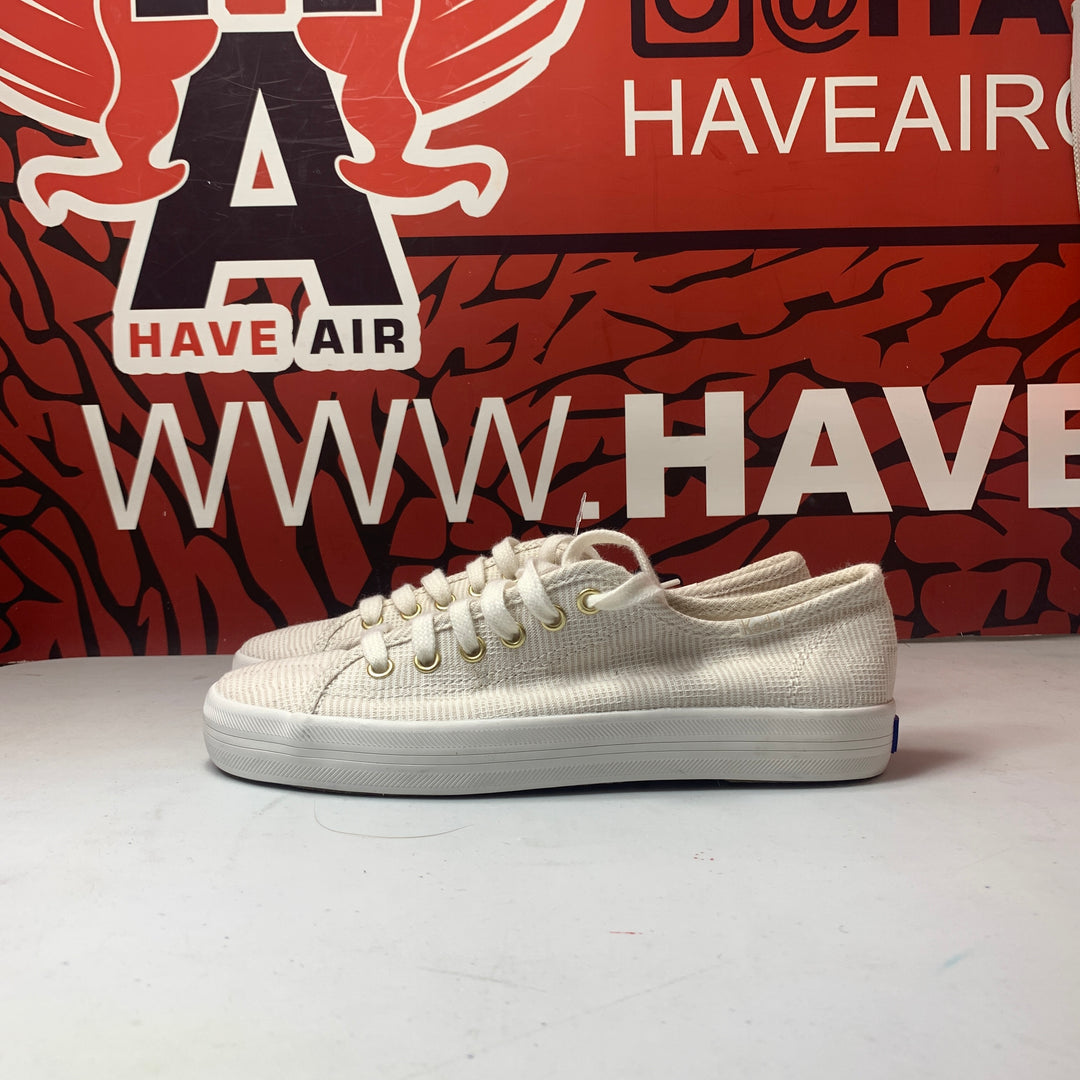 Keds Kickstart Canvas Crosshatch Sneaker White/Tan Womens Size 5.5 Lightly Worn WF66790