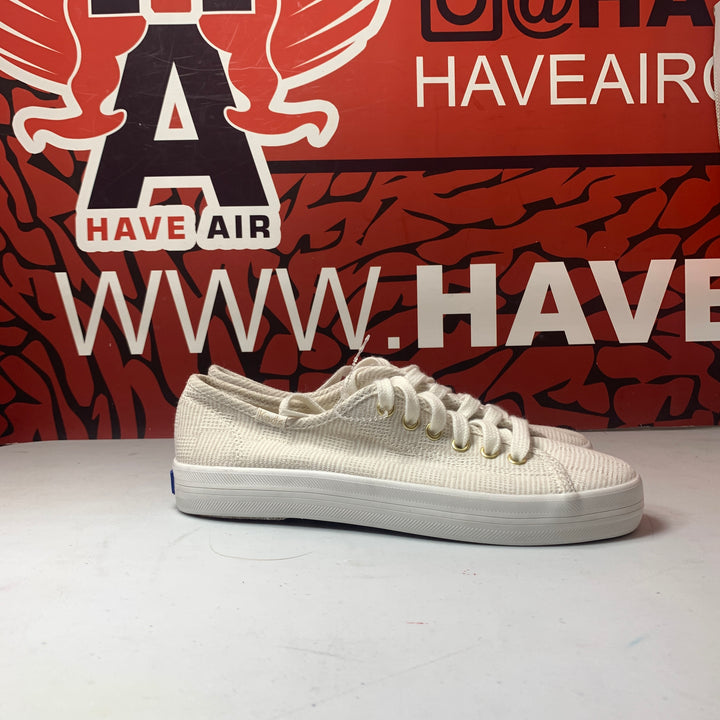 Keds Kickstart Canvas Crosshatch Sneaker White/Tan Womens Size 5.5 Lightly Worn WF66790