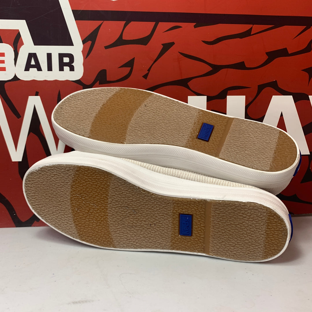 Keds Kickstart Canvas Crosshatch Sneaker White/Tan Womens Size 5.5 Lightly Worn WF66790